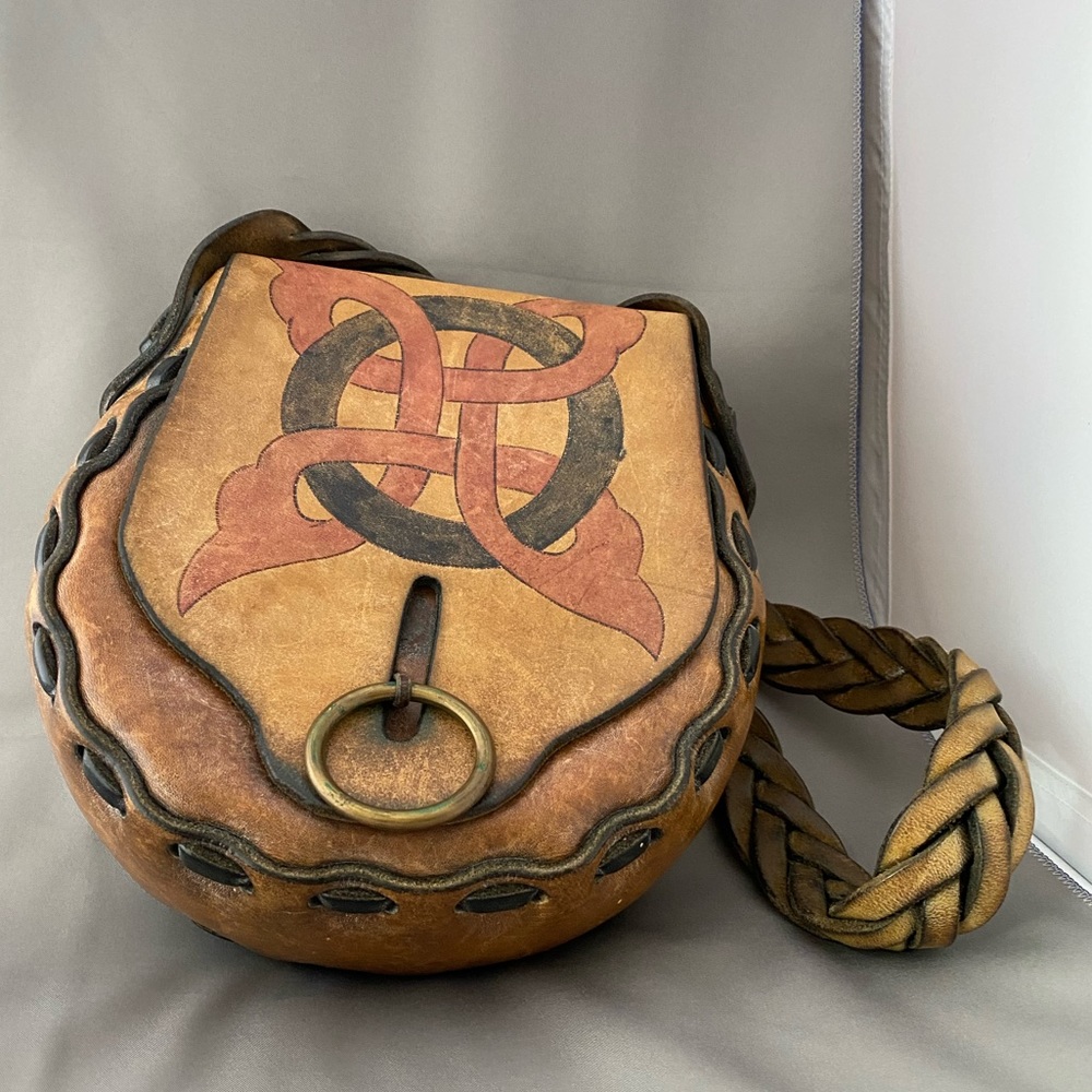 Vintage Handmade 1970’s leather crossbody bag braided strap tooled Celtic knot